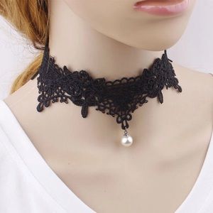 NEW Black Lace Necklace Pearl Crochet Choker